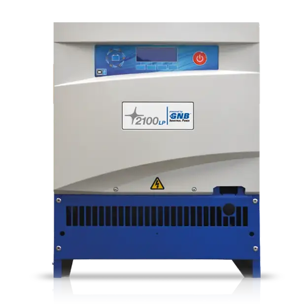 Industrial 2100 LP battery charger with a grey and blue housing, digital control panel, warning label, and front ventilation grilles.