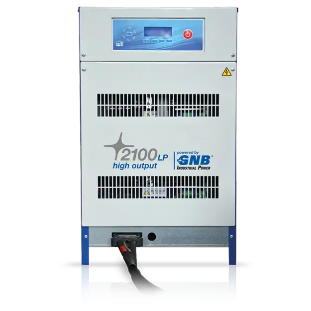 Industrial 2100 LP high‑output battery charger with a blue and white metal housing, front ventilation grilles, and a labeled control panel.