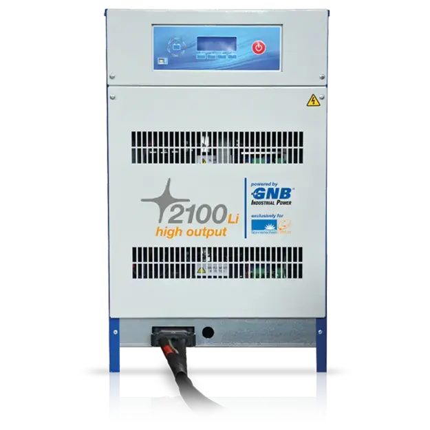 Industrial 2100Li high‑output lithium battery charger with a grey and blue housing, digital control panel, warning labels, and front ventilation grilles.