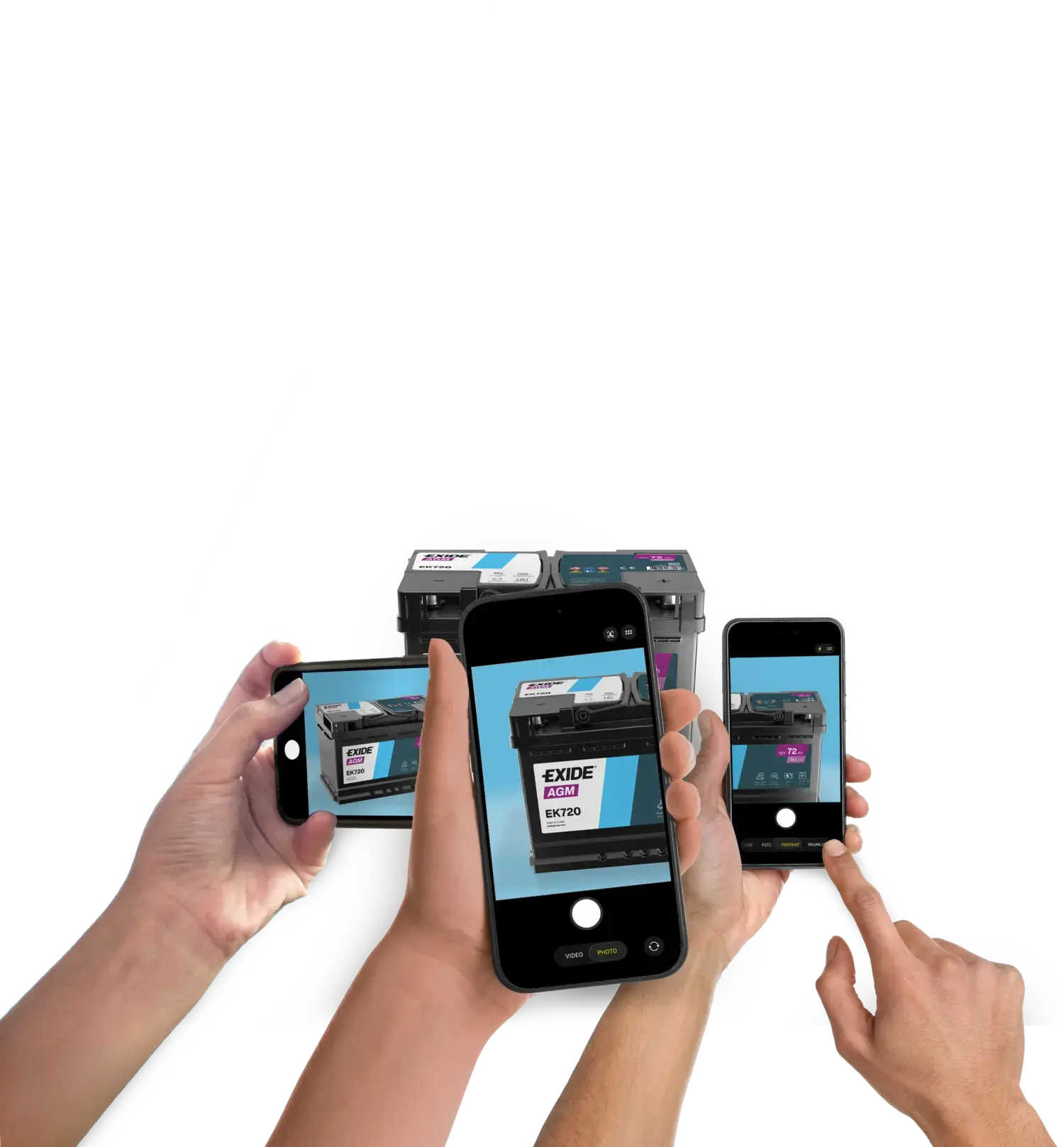 Hands holding smartphones taking photos of toner cartridges.