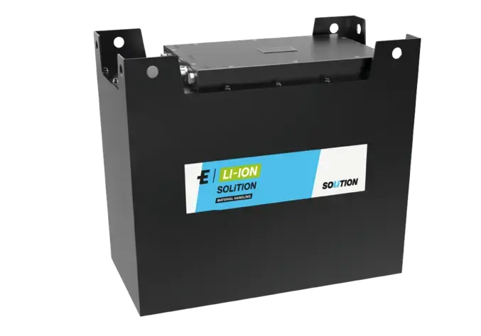 Black lithium-ion battery with a blue label.