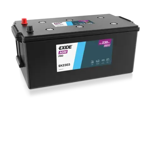 Black automotive battery with labels and a red terminal on top.