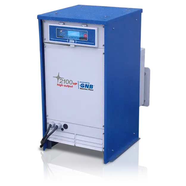 High‑output industrial battery charger in a blue and white metal housing, featuring a digital control panel and heavy‑duty power cables.