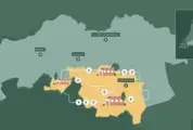 Kaart van Noord‑Brabant met steden als Breda, Tilburg, ’s‑Hertogenbosch en Eindhoven, waarbij Eindhoven is uitgelicht met iconen voor industrie, energie en economie.