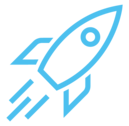 Blue rocket icon with diagonal lines indicating motion.