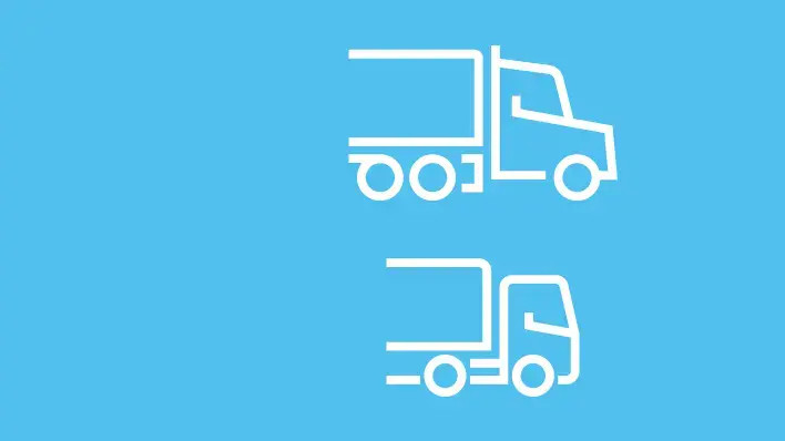 White truck icons on a blue background.